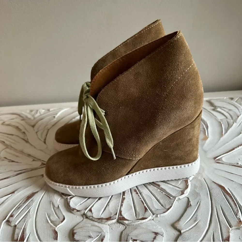See By Chloe  Brown Suede Platform Wedge Ankle Booties
